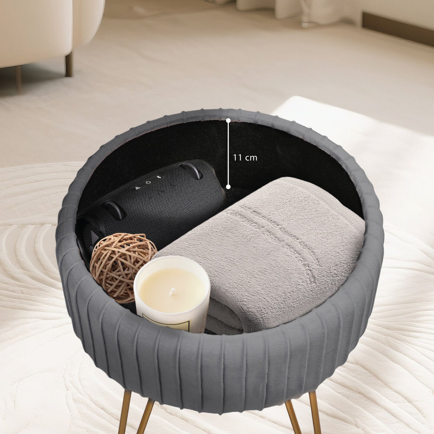 Side Table Storage Ottoman - Velvet Padded Stool Vanity Footstool REMY GREY