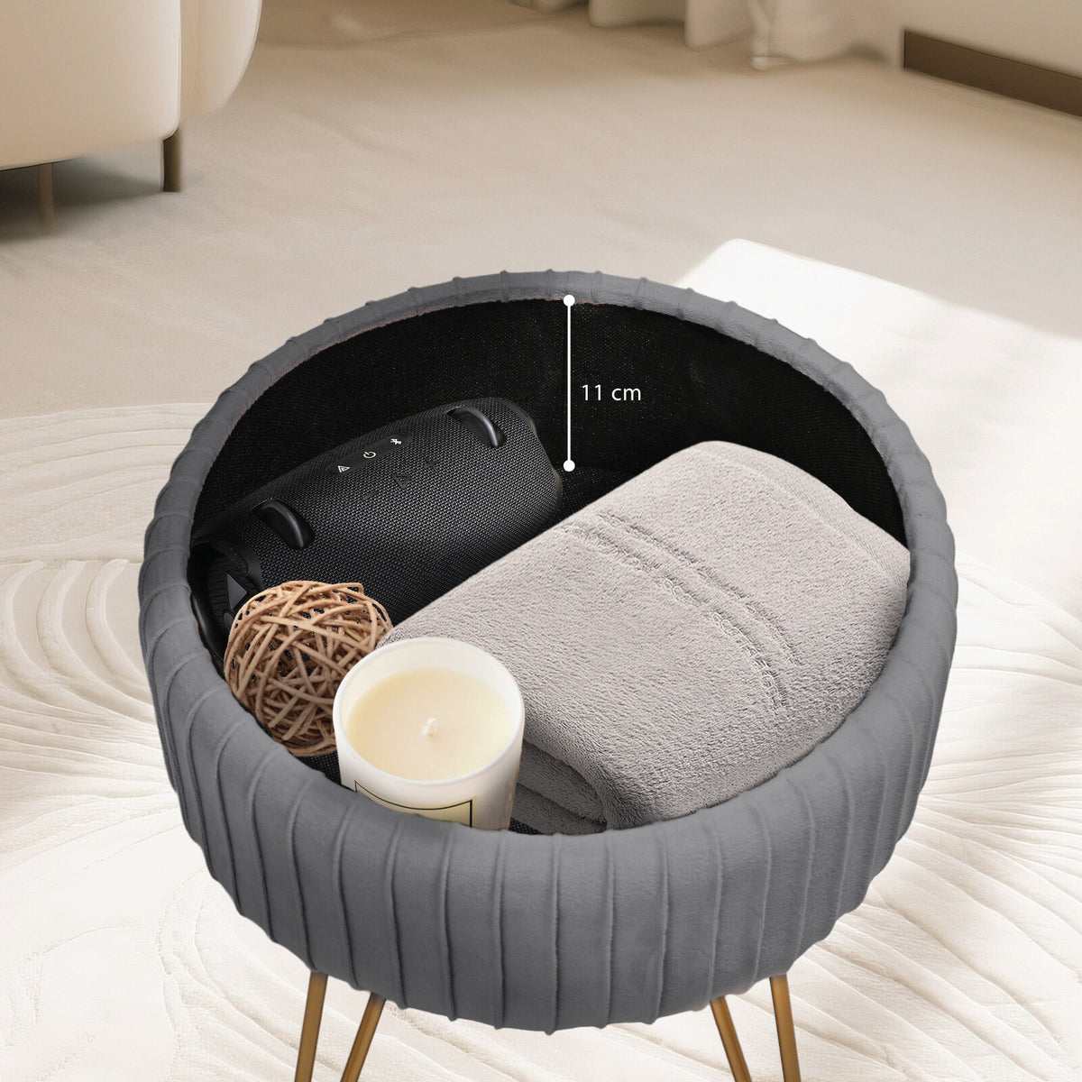 Side Table Storage Ottoman - Velvet Padded Stool Vanity Footstool REMY GREY