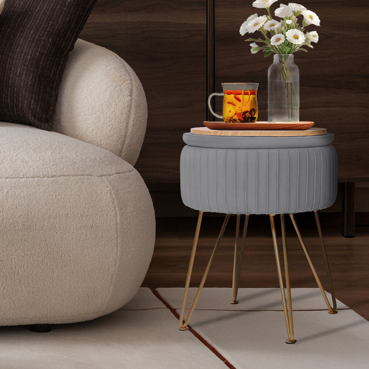 Side Table Storage Ottoman - Velvet Padded Stool Vanity Footstool REMY GREY