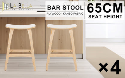 4X Wooden Bar Stool Padded Fabric Dining Chair KANSO 65cm BEIGE