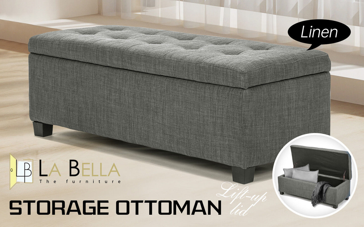 Storage Ottoman Stool 102cm Fabric DARK GREY
