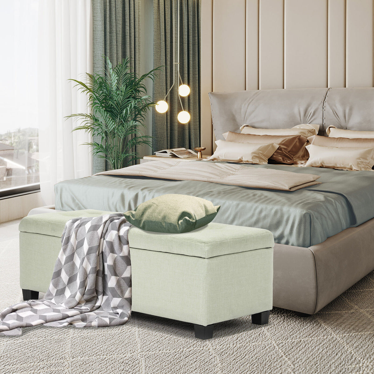 Storage Ottoman Stool 102cm Fabric LIGHT GREEN
