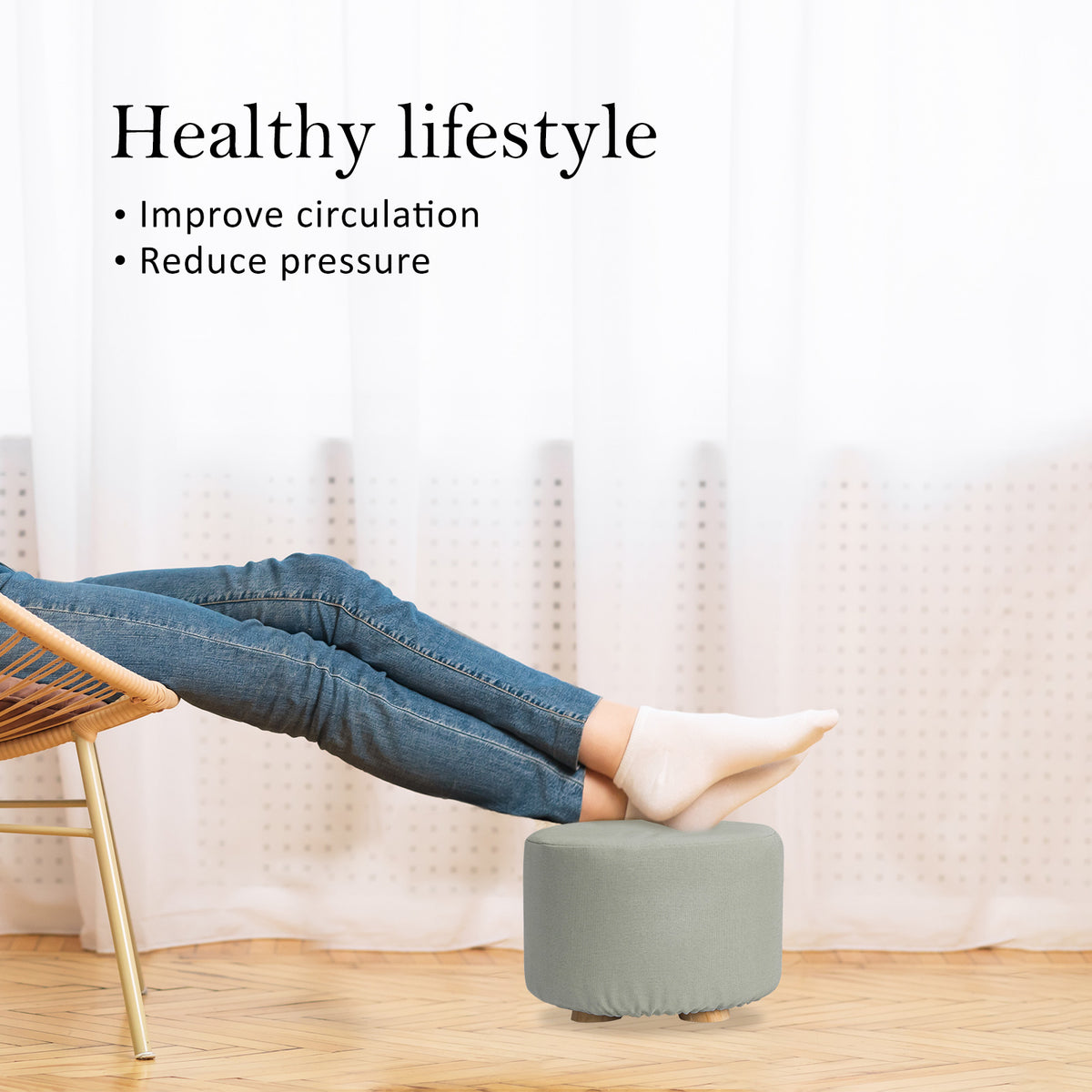 Fabric Ottoman Round Wooden Leg Foot Stool - GREY