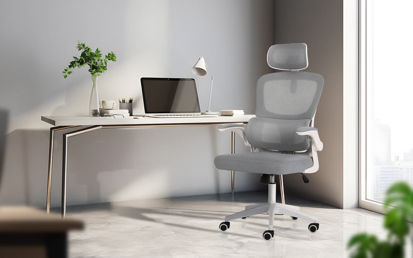 Work Office Chair - Lumber Support, Flip-up Armrest, Adjustable Headrest SITIO - GREY