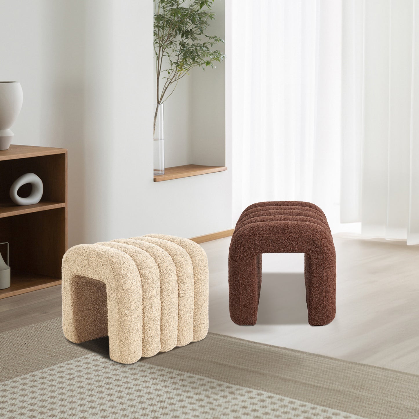 2X Ridge Arch Ottoman Stool Teddy Fleece Fabric Foot Rest 45cm BROWN