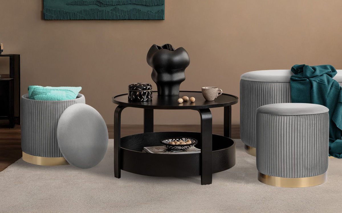 3 Piece Set Storage Ottoman - Blanket Box Velvet Padded Bench Stool FAYE GREY