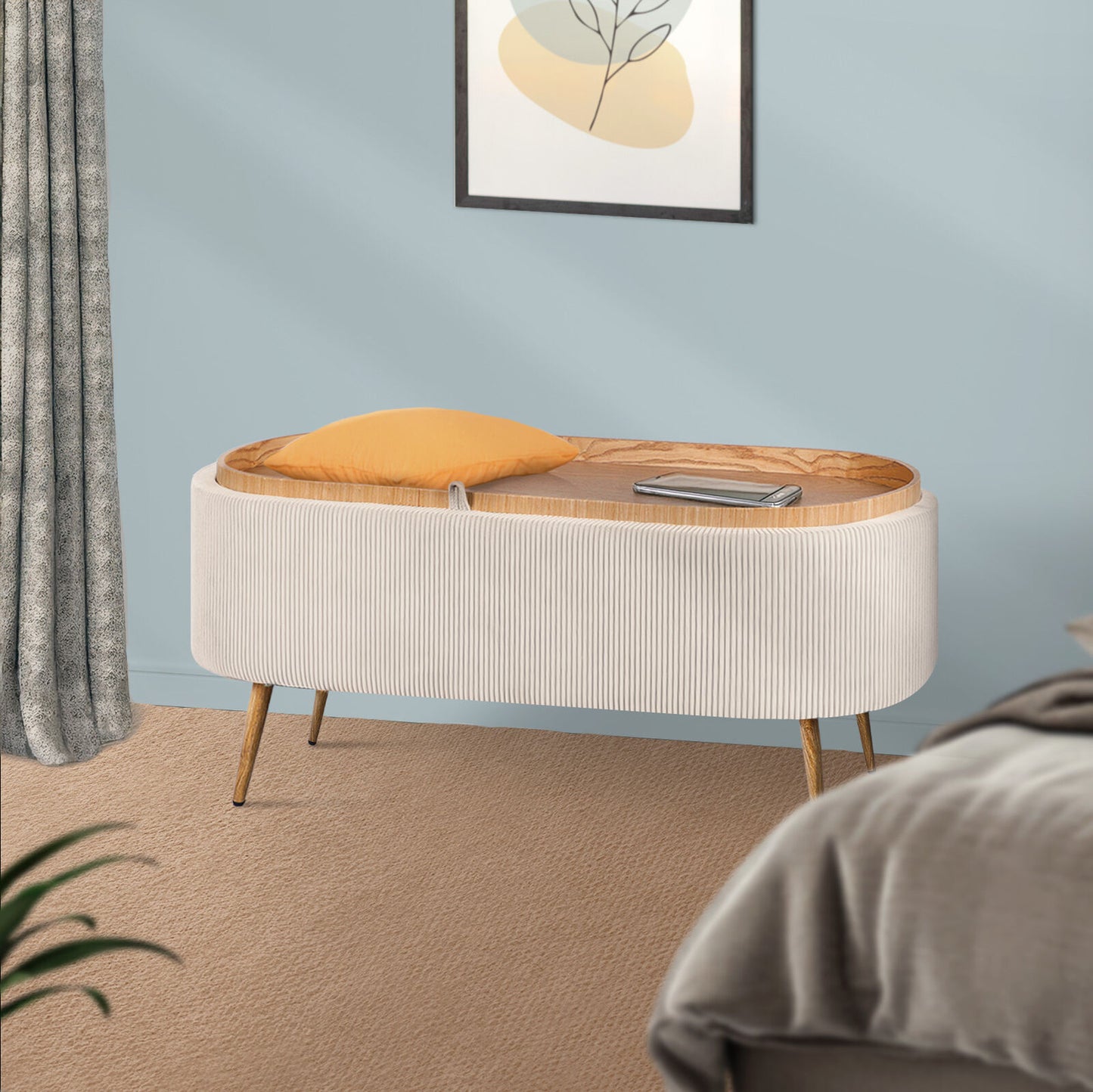 Coffee Table Storage Ottoman - Corduroy Padded Blanket Box Bench ESME CREAM