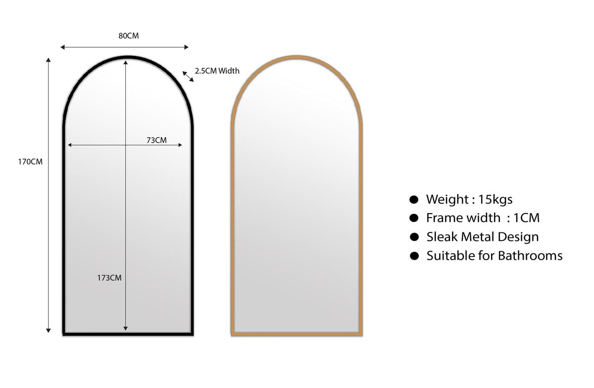 Metal Arch Mirror 80cm x 170cm - Gold