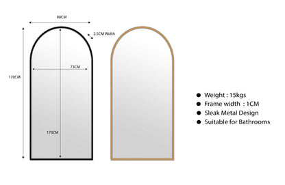 Metal Arch Mirror 80cm x 170cm - Gold