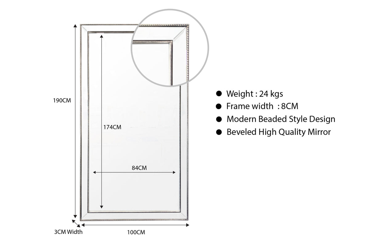 Silver Beaded Framed Mirror - X Large 190cm x 100cm