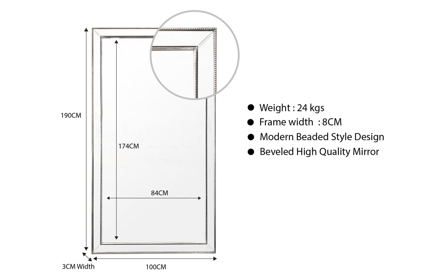 Gold Beaded Framed Mirror - X Large 190cm x 100cm