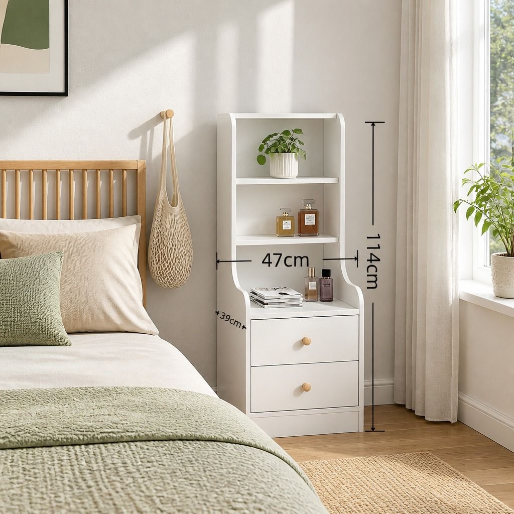 HYGGO Bedside Table Drawer Nightstand Bedroom Cabinet Warm White 3-Shelf Storage Unit