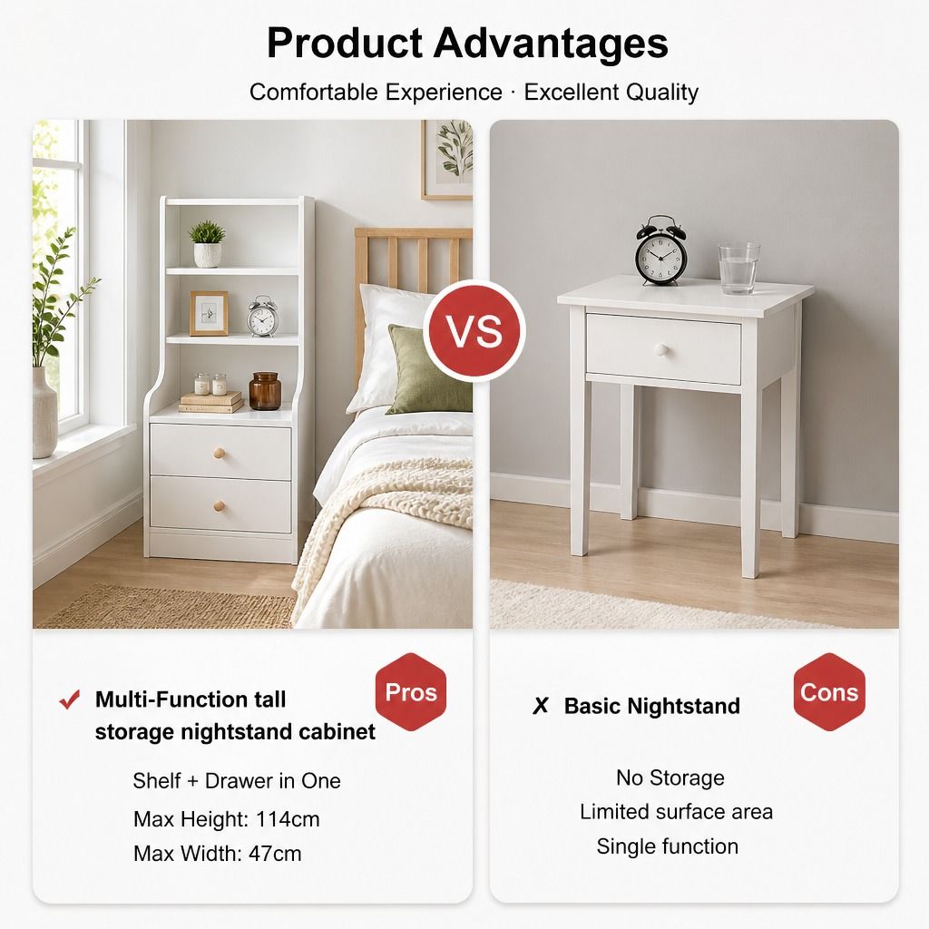 HYGGO Bedside Table Drawer Nightstand Bedroom Cabinet Warm White 3-Shelf Storage Unit