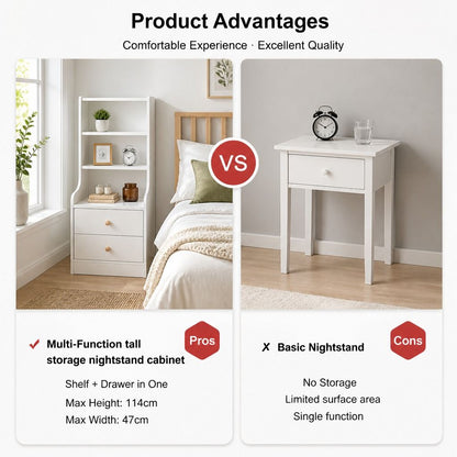 HYGGO Bedside Table Drawer Nightstand Bedroom Cabinet Warm White 3-Shelf Storage Unit