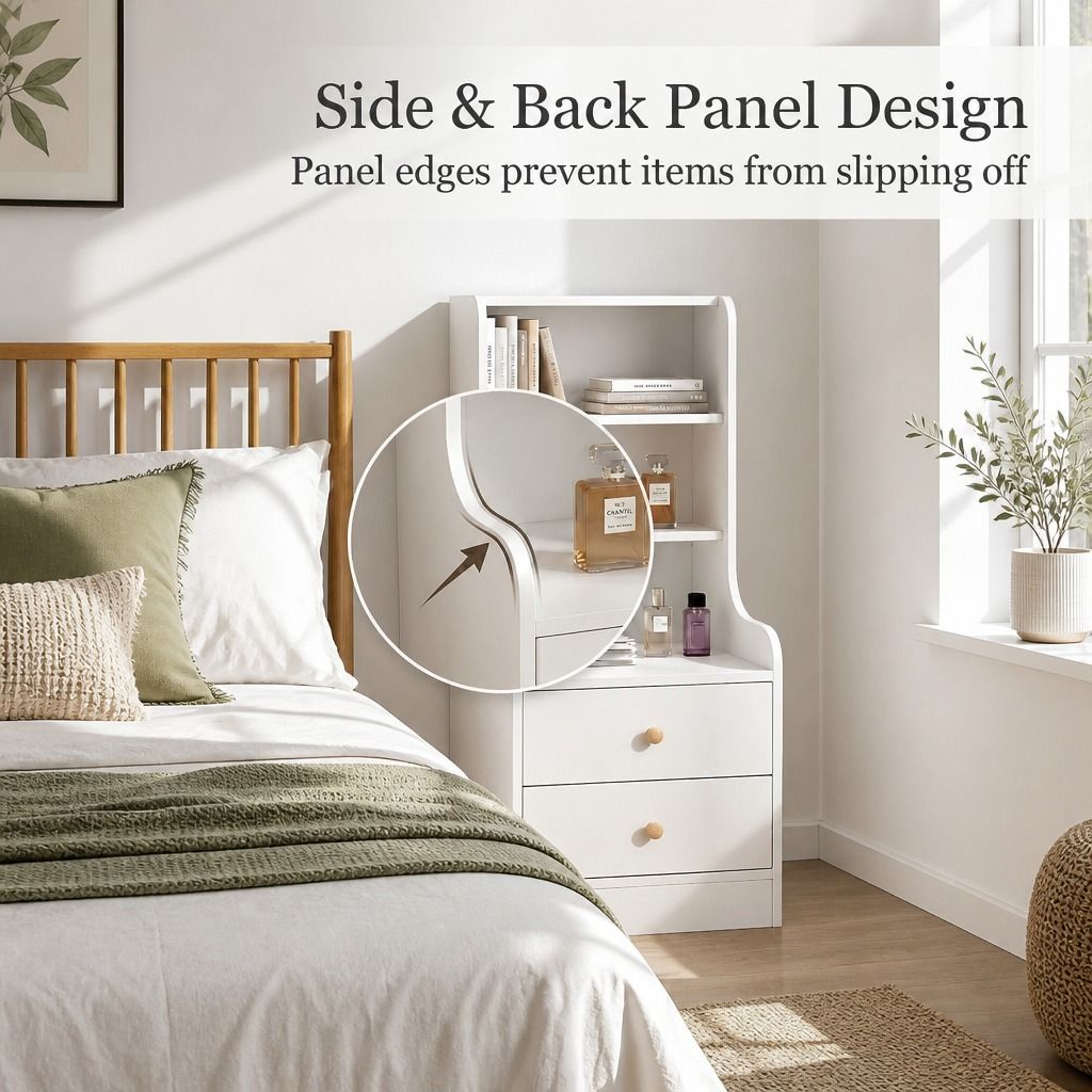 HYGGO Bedside Table Drawer Nightstand Bedroom Cabinet Warm White 3-Shelf Storage Unit