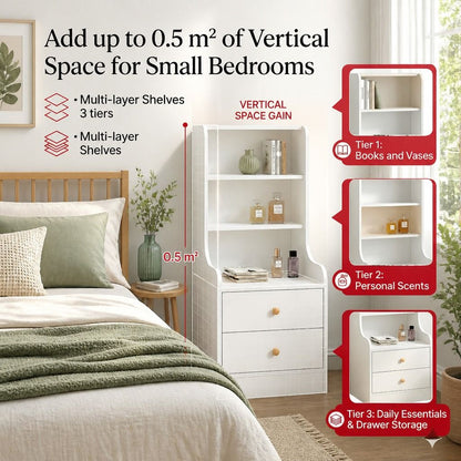 HYGGO Bedside Table Drawer Nightstand Bedroom Cabinet Warm White 3-Shelf Storage Unit