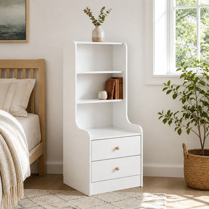HYGGO Bedside Table Drawer Nightstand Bedroom Cabinet Warm White 3-Shelf Storage Unit