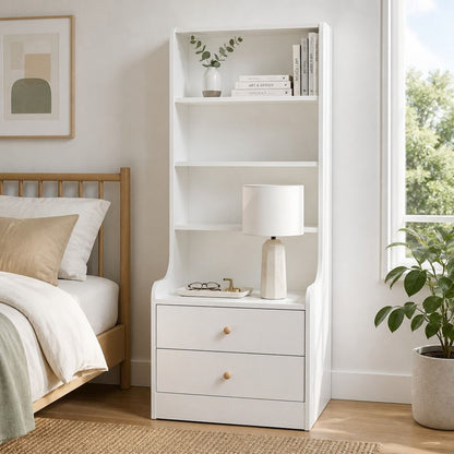 HYGGO White Nightstand Bedside Table with Drawers Minimalist Tall Bookshelf Cabinet