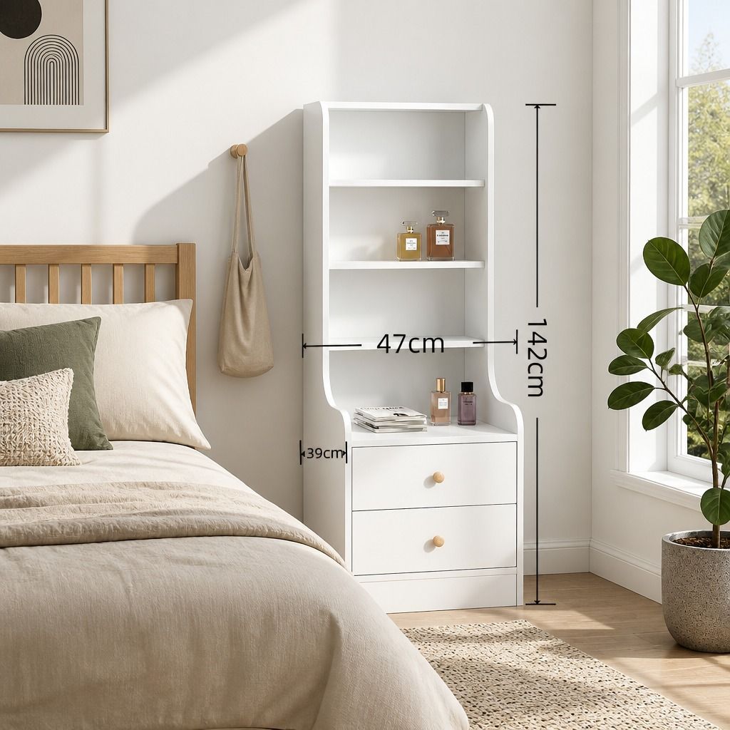 HYGGO White Nightstand Bedside Table with Drawers Minimalist Tall Bookshelf Cabinet