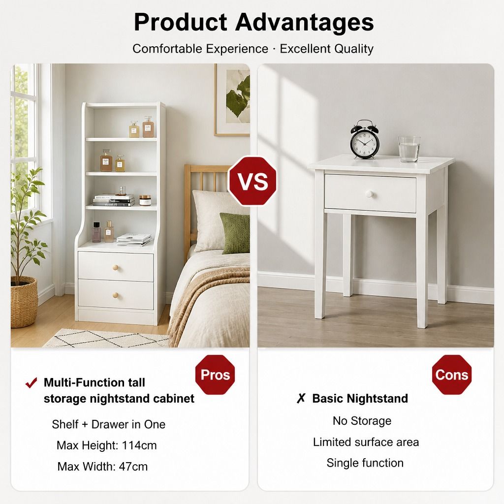 HYGGO White Nightstand Bedside Table with Drawers Minimalist Tall Bookshelf Cabinet
