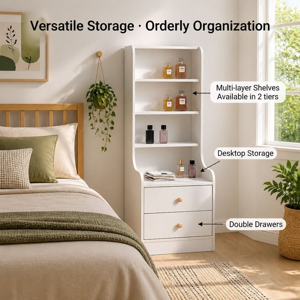 HYGGO White Nightstand Bedside Table with Drawers Minimalist Tall Bookshelf Cabinet