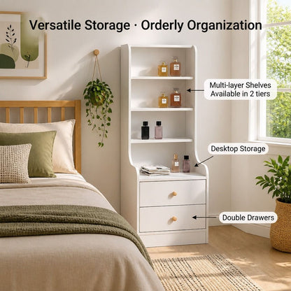 HYGGO White Nightstand Bedside Table with Drawers Minimalist Tall Bookshelf Cabinet