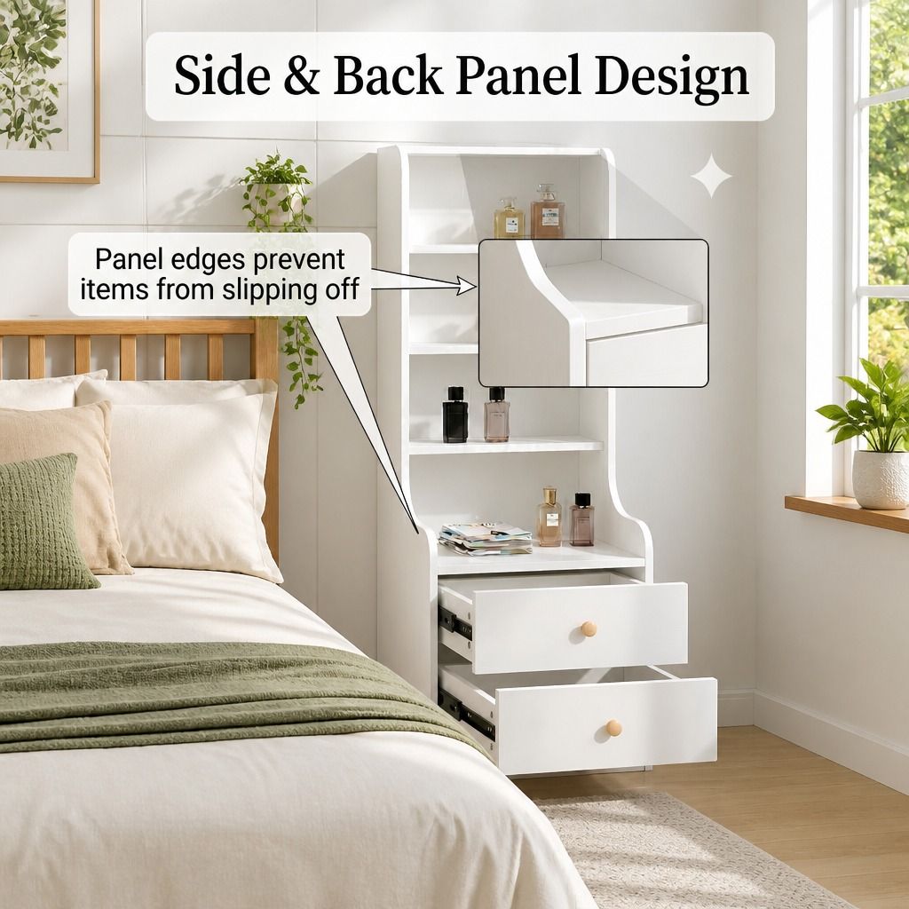 HYGGO White Nightstand Bedside Table with Drawers Minimalist Tall Bookshelf Cabinet