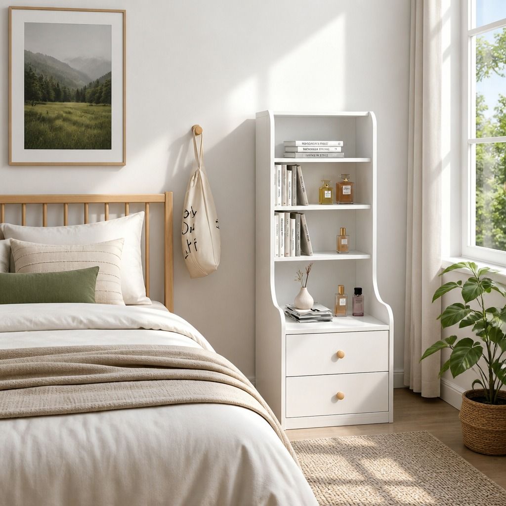 HYGGO White Nightstand Bedside Table with Drawers Minimalist Tall Bookshelf Cabinet