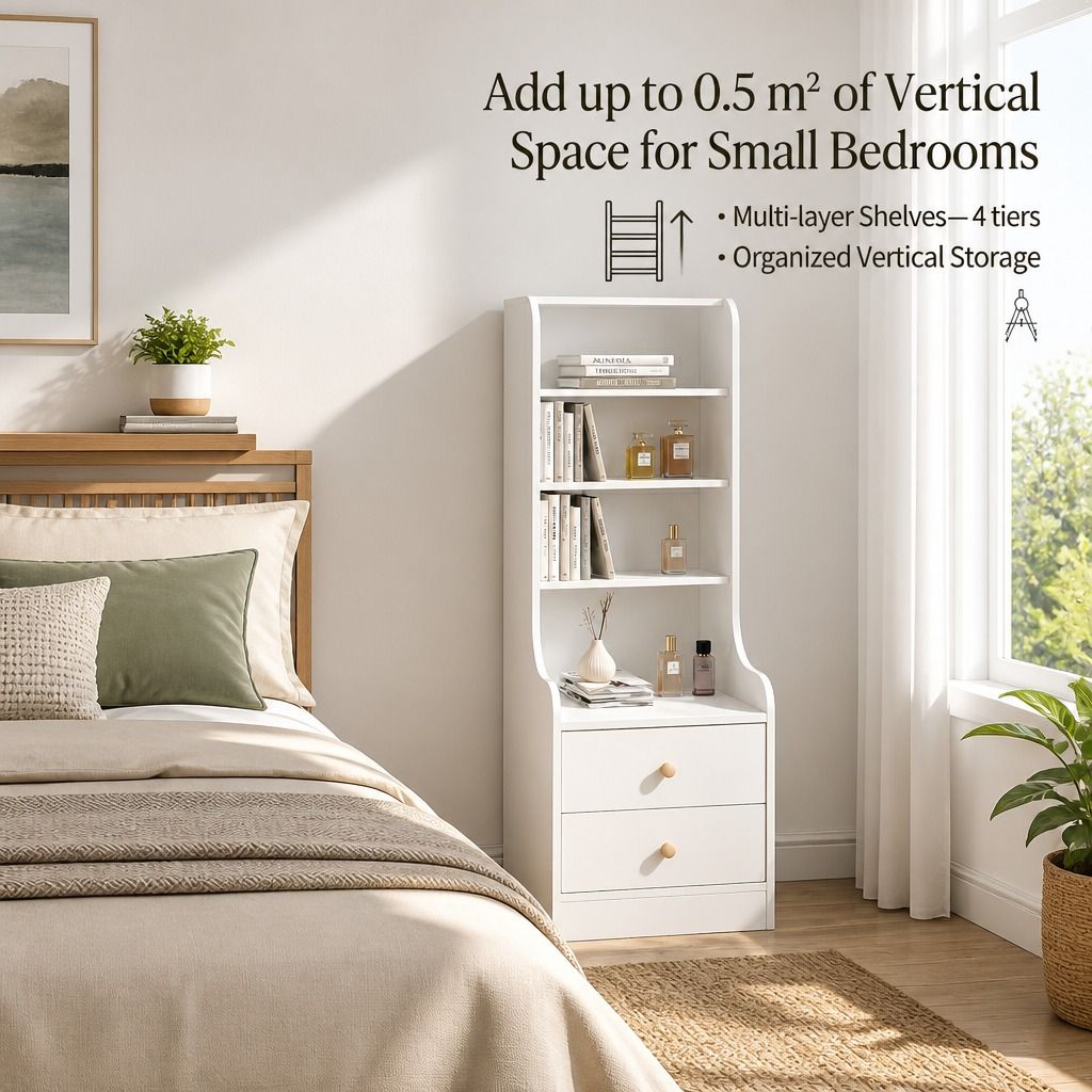 HYGGO White Nightstand Bedside Table with Drawers Minimalist Tall Bookshelf Cabinet