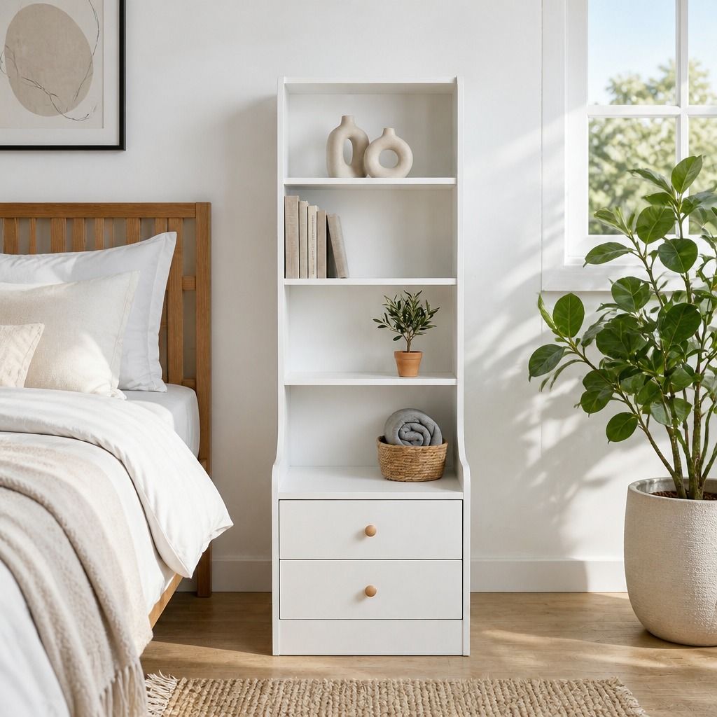 HYGGO White Nightstand Bedside Table with Drawers Minimalist Tall Bookshelf Cabinet