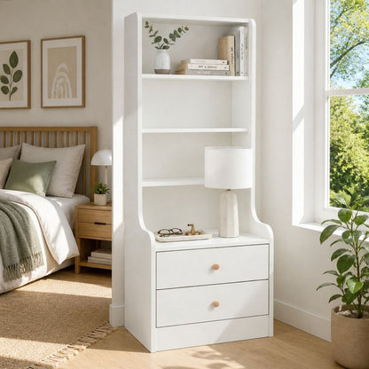 HYGGO White Nightstand Bedside Table with Drawers Minimalist Tall Bookshelf Cabinet