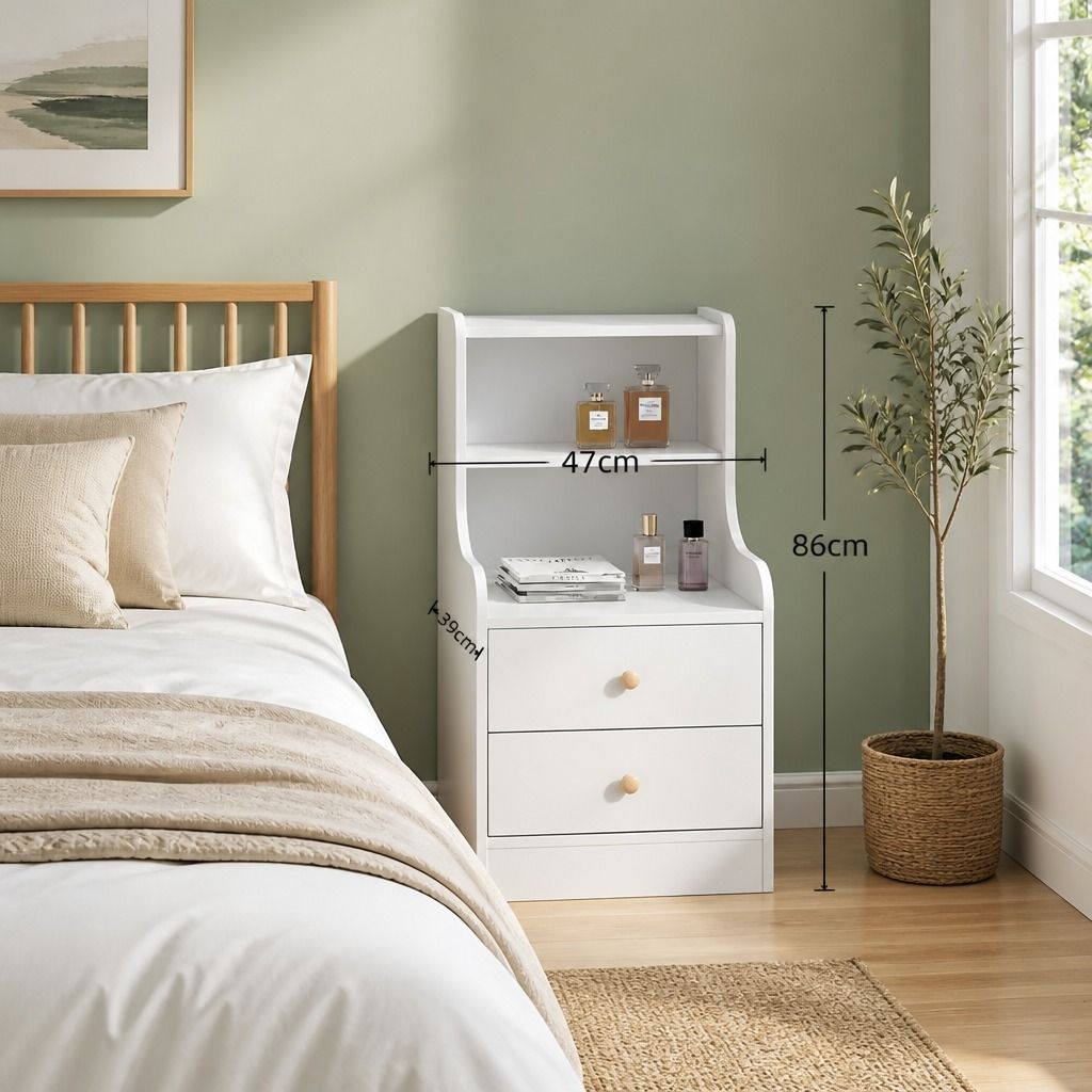 HYGGO Bedside Table Drawer Nightstand Minimalist White Storage Dual Shelves Cabinet