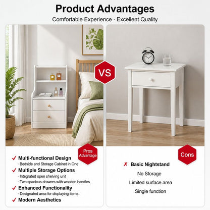 HYGGO Bedside Table Drawer Nightstand Minimalist White Storage Dual Shelves Cabinet
