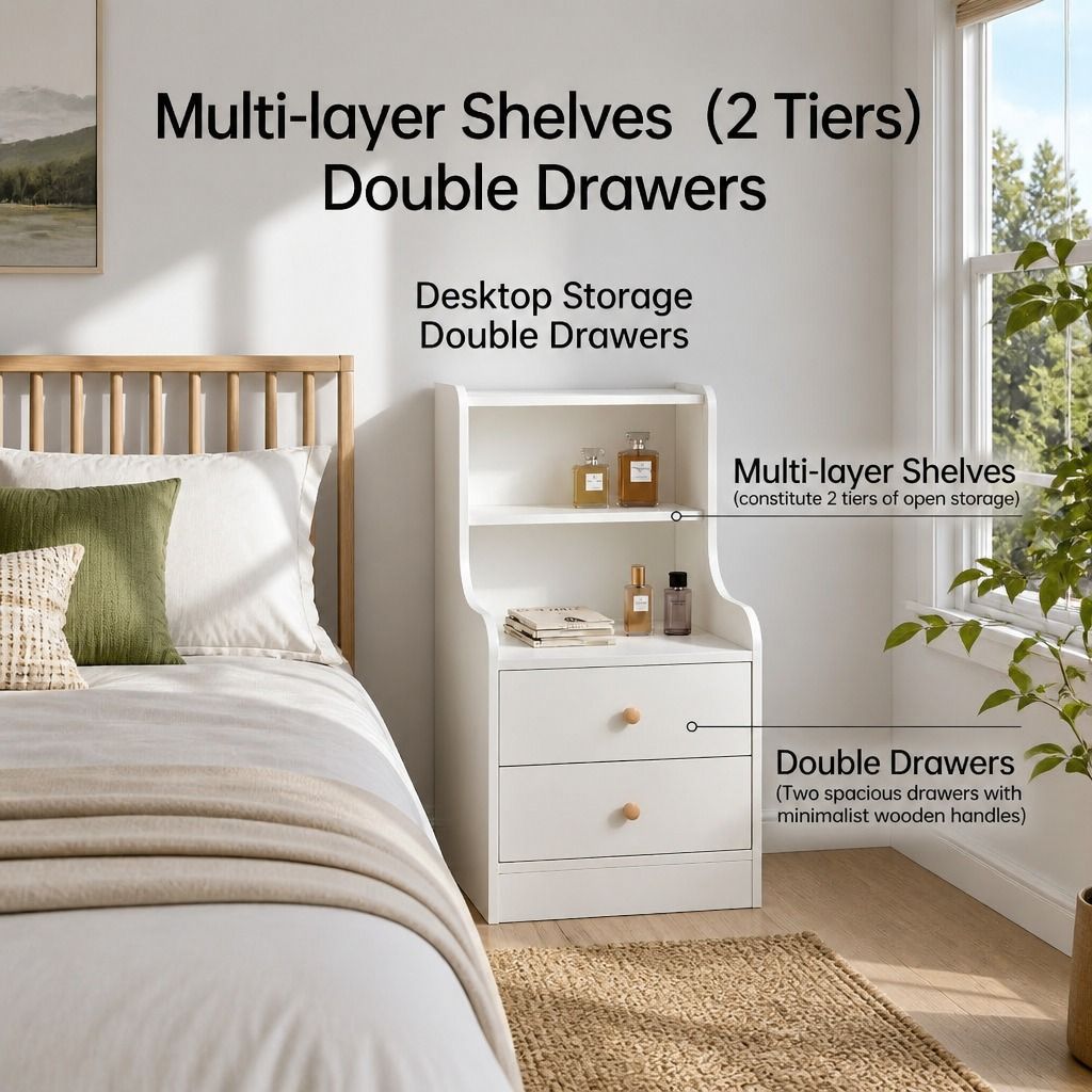 HYGGO Bedside Table Drawer Nightstand Minimalist White Storage Dual Shelves Cabinet