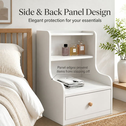 HYGGO Bedside Table Drawer Nightstand Minimalist White Storage Dual Shelves Cabinet