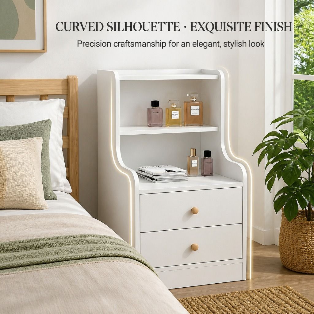 HYGGO Bedside Table Drawer Nightstand Minimalist White Storage Dual Shelves Cabinet