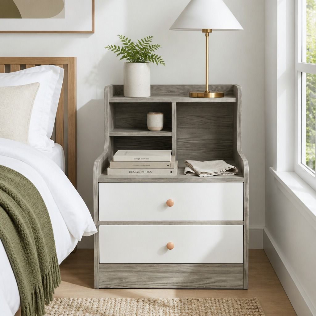 HYGGO Bedside Table Drawer Nightstand Light Gray Wood Grain White Fronts Curved Design