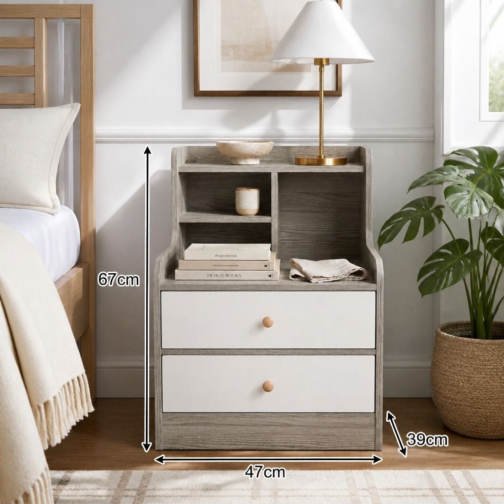 HYGGO Bedside Table Drawer Nightstand Light Gray Wood Grain White Fronts Curved Design