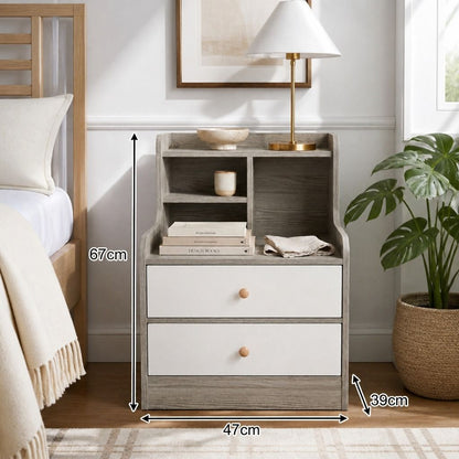 HYGGO Bedside Table Drawer Nightstand Light Gray Wood Grain White Fronts Curved Design