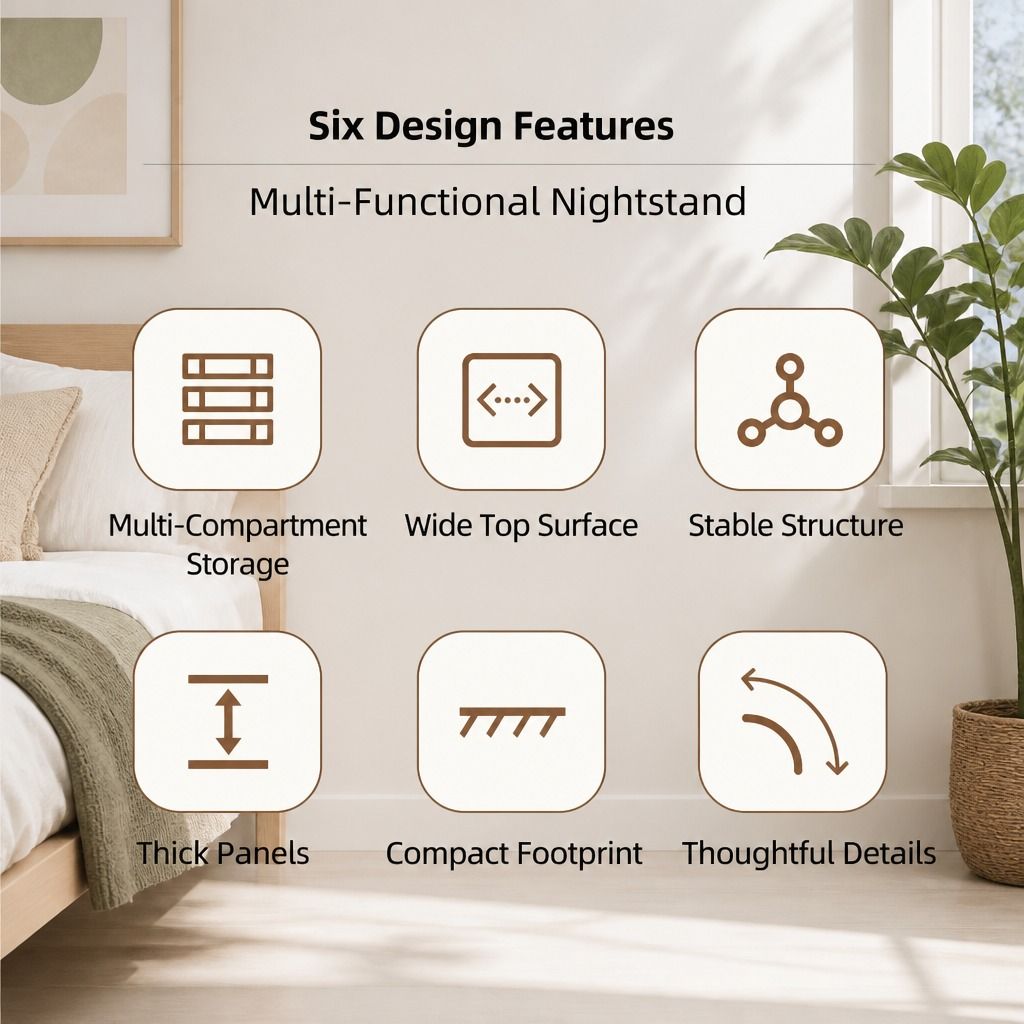HYGGO Bedside Table Drawer Nightstand Light Gray Wood Grain White Fronts Curved Design