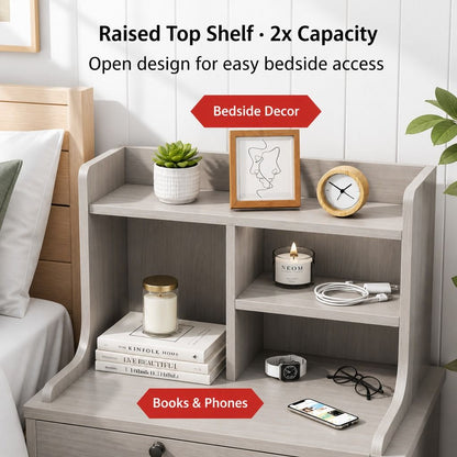 HYGGO Bedside Table Drawer Nightstand Light Gray Wood Grain White Fronts Curved Design