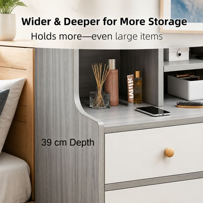 HYGGO Bedside Table Drawer Nightstand Light Gray Wood Grain White Fronts Curved Design