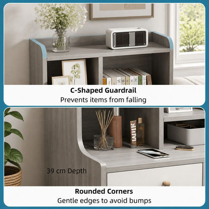 HYGGO Bedside Table Drawer Nightstand Light Gray Wood Grain White Fronts Curved Design