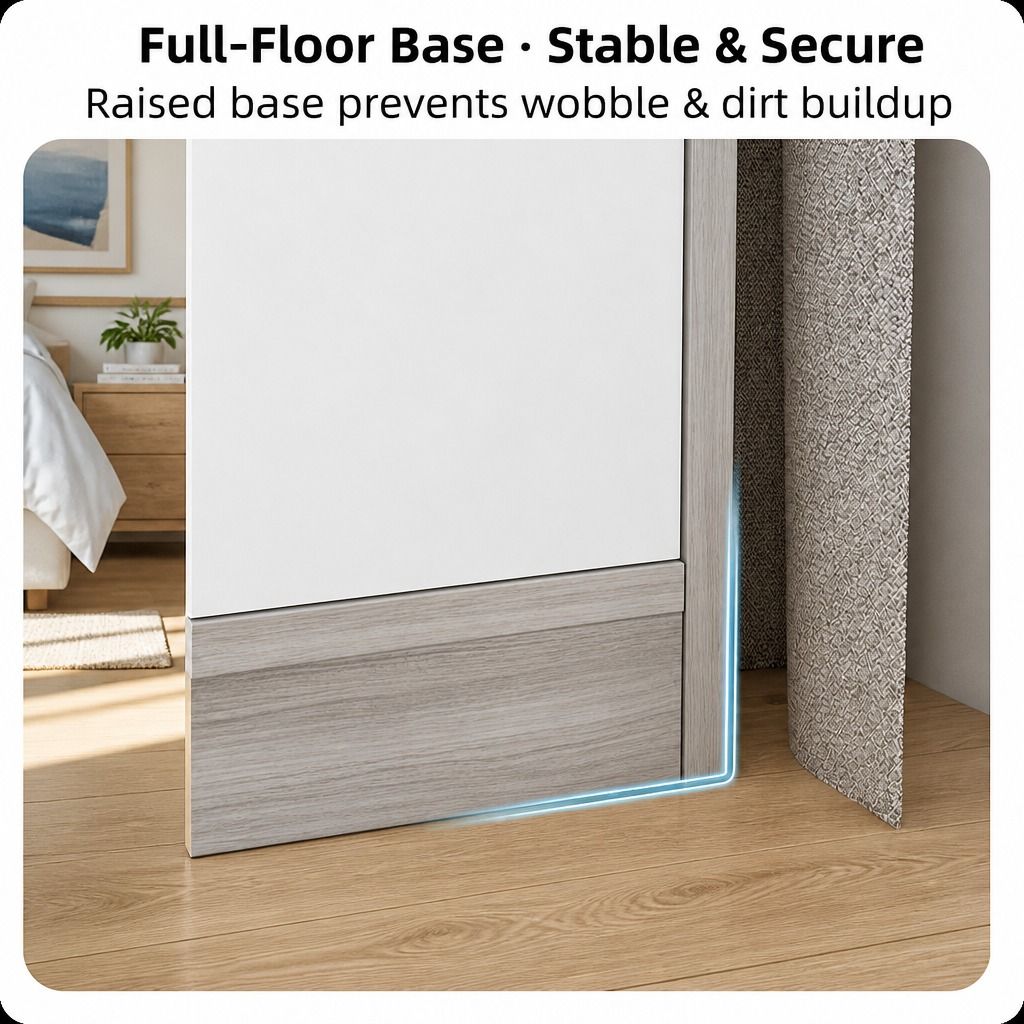 HYGGO Bedside Table Drawer Nightstand Light Gray Wood Grain White Fronts Curved Design