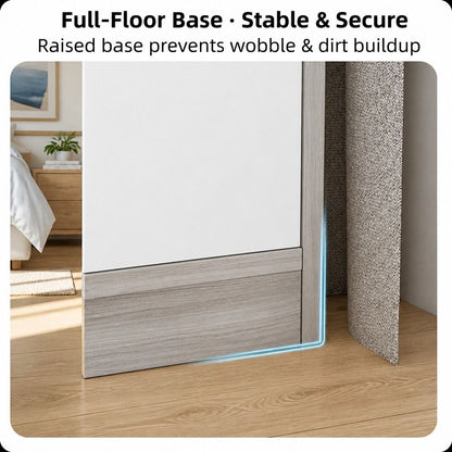 HYGGO Bedside Table Drawer Nightstand Light Gray Wood Grain White Fronts Curved Design