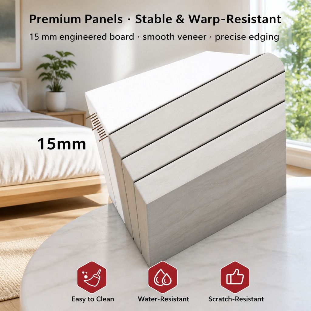 HYGGO Bedside Table Drawer Nightstand Light Gray Wood Grain White Fronts Curved Design