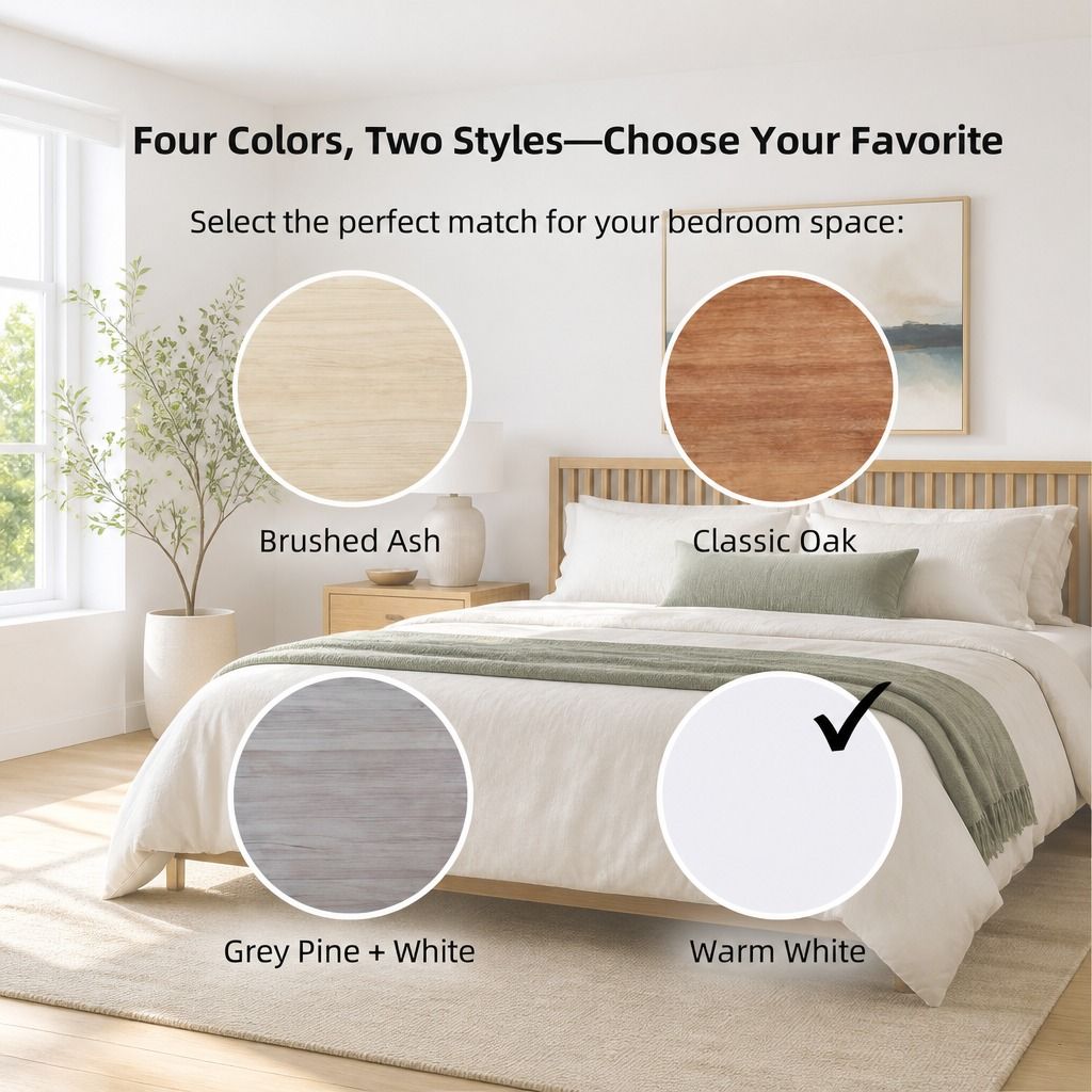 HYGGO Bedside Table Drawer Nightstand Light Gray Wood Grain White Fronts Curved Design