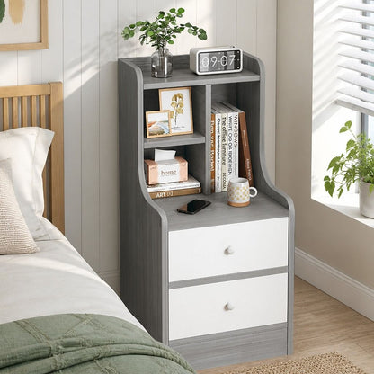 HYGGO Bedside Table Drawer Nightstand Light Gray Wood Grain White Fronts Curved Design