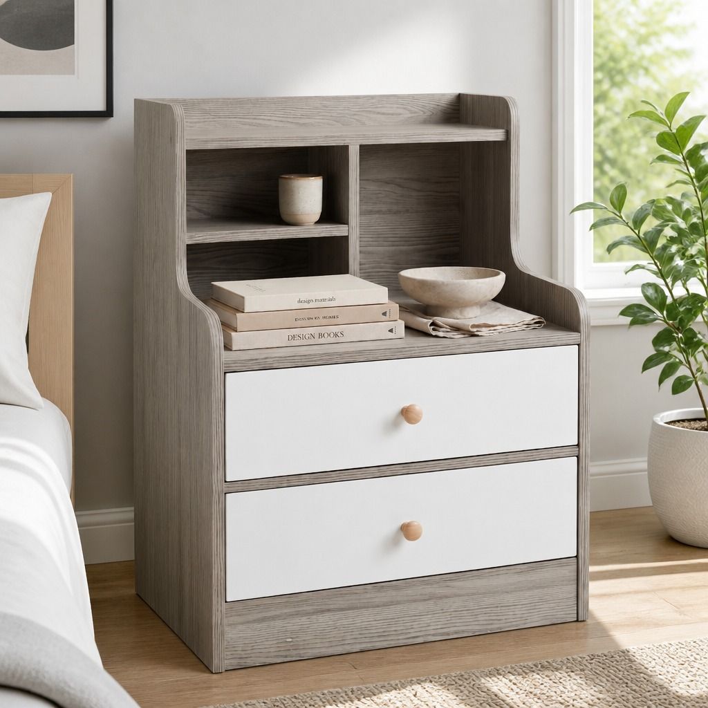 HYGGO Bedside Table Drawer Nightstand Light Gray Wood Grain White Fronts Curved Design
