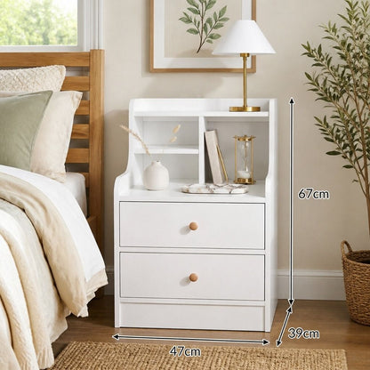 HYGGO White Nightstand Bedside Table Wooden Drawers Storage Sections Curved Sides